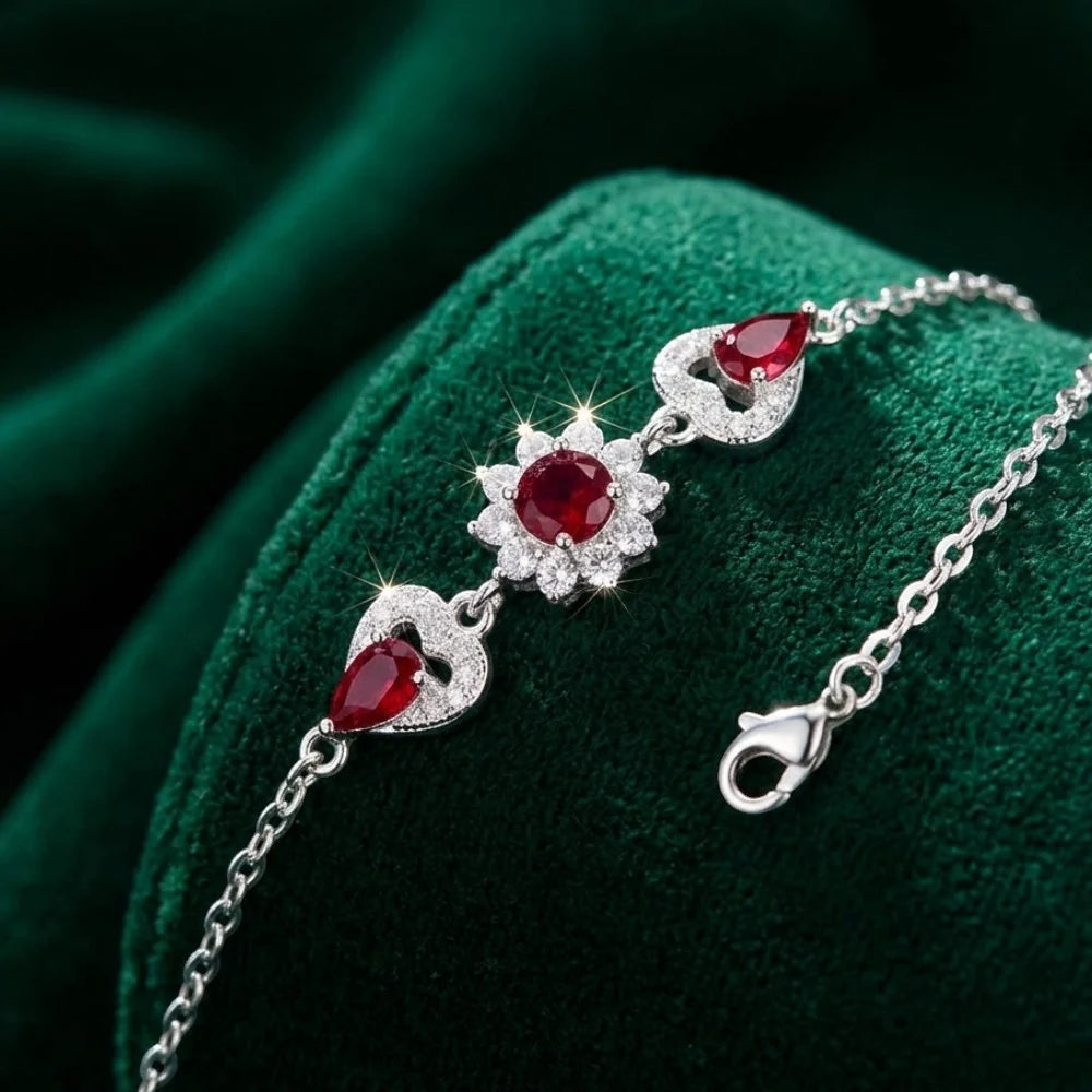 Italian Silver With Red Stone Ladies Bracelet