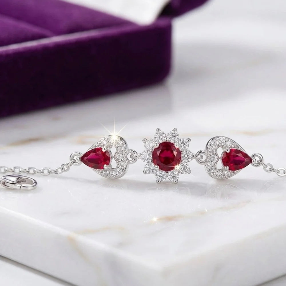 Italian Silver With Red Stone Ladies Bracelet